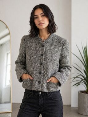 VINTAGE WOOL BLEND HERRINGBONE JACKET BUTTON FRONT CROPPED CLASSIC